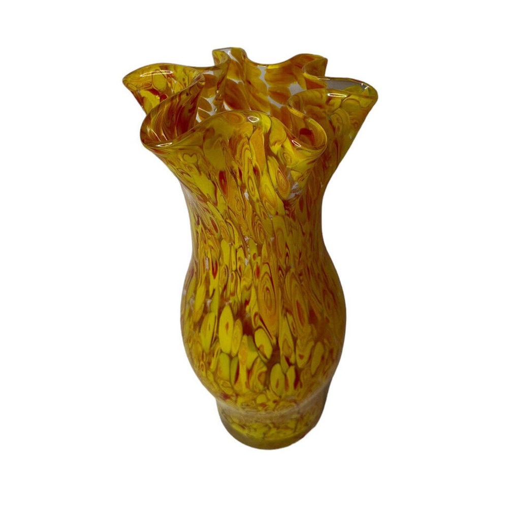 Murano Art Glass Vase Ruffled Edge Hourglass Yellow Orange 8" Tall